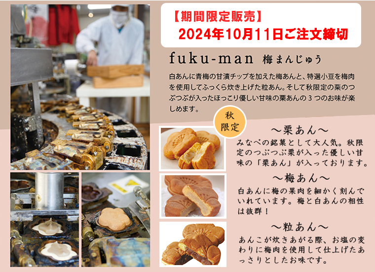 梅まんじゅう～fuku-man～詰合せ８個入 【梅あん２個・粒あん２個・栗あん４個】 梅まんじゅう 南高梅・はちみつ梅の通販 わたしの家は梅農家  ぷらむ工房公式オンラインショップ